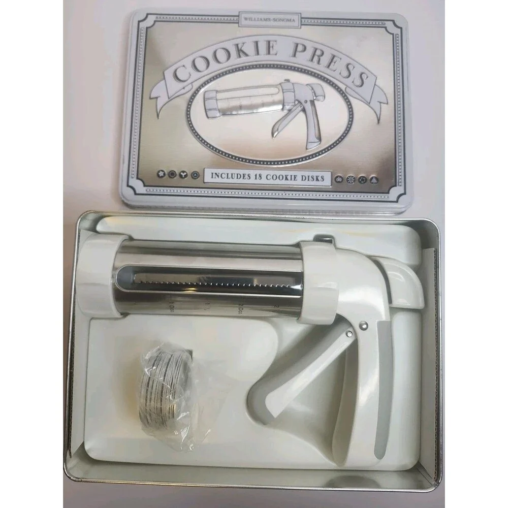 WILLIAMS-SONOMA Cookie Press w/18 Disk Shapes In Tin New